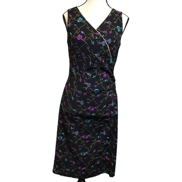 Vintage 90s Nicole Miller Floral Midi Embroidered Lace V-Neck Black Dress Size 8 - Picture 1 of 16